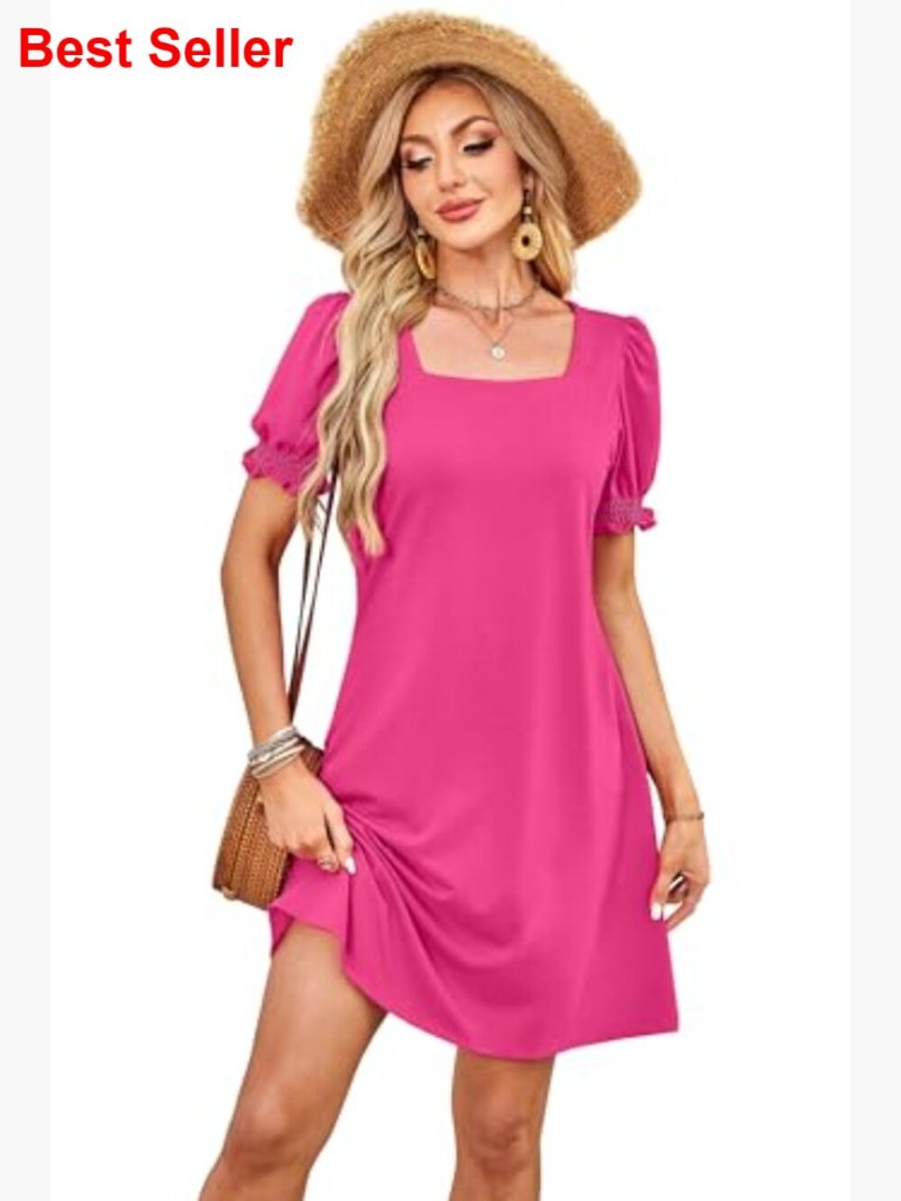 Square Neck Puff Sleeve Midi Dress with Pockets - Picture 2 of 7